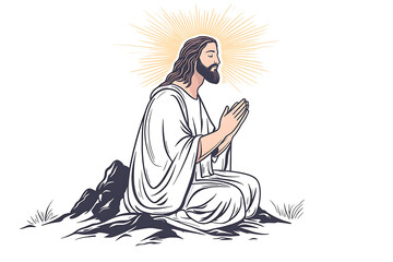 Illustration of Jesus Christ kneeling in prayer with a radiant sun halo behind him, symbolizing faith, spirituality, and devotion.
