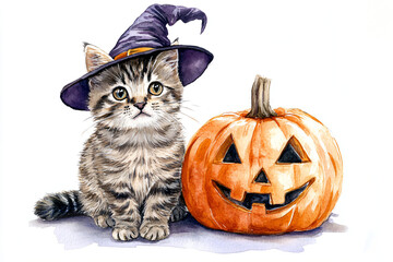 Halloween cute kitten in witch hat on white background. Funny cat sitting on spooky pumpkin jack o lantern. Watercolor cartoon illustration for greeting card, banner, poster