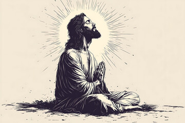 Illustration of Jesus Christ kneeling in prayer with a radiant sun halo behind him, symbolizing faith, spirituality, and devotion.
