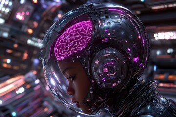 Wall Mural - Futuristic helmet with visible brain circuits symbolizing the enhancement of cognitive abilities through artificial intelligence and neural technologies