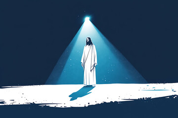 Illustration of Jesus Christ standing with hands folded, bathed in radiant divine light, symbolizing holiness, faith, and spirituality.
