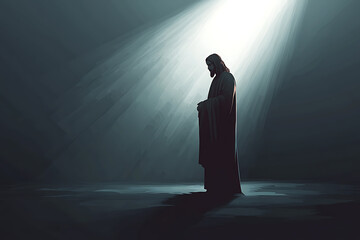 Illustration of Jesus Christ standing with hands folded, bathed in radiant divine light, symbolizing holiness, faith, and spirituality.
