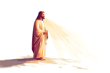 Illustration of Jesus Christ standing with hands folded, bathed in radiant divine light, symbolizing holiness, faith, and spirituality.
