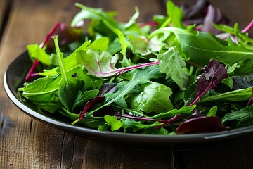 Vibrant Fresh Salad Plate with Arugula, Mesclun, and Mache on Dark Wooden Background, Close-Up of a Nutritious Green Meal