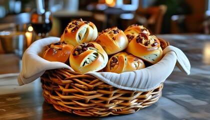 Warm and inviting display of freshly baked dinner rolls in a rustic woven bread basket