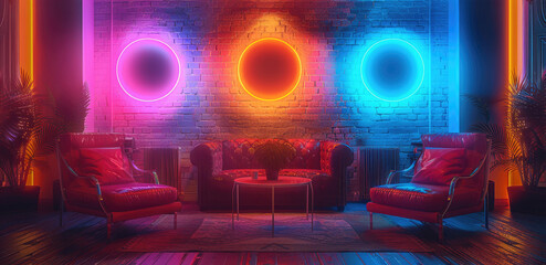 Wall Mural - podcast room with chairs and table, neon lights, retro style. generative ai.