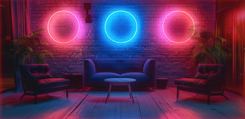 Wall Mural - podcast room with chairs and table, neon lights, retro style. generative ai.