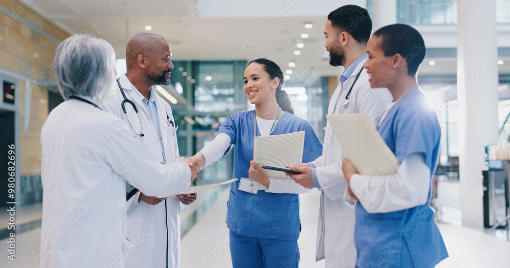 Woman, doctors and handshake with team in hospital for welcome ...