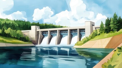 Wall Mural - Futuristic dam generating clean energy with advanced technology