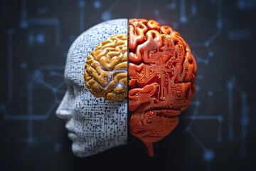 Wall Mural - Side profile of a humanoid robot with half its brain exposed as circuits symbolizing the fusion of human cognition and artificial intelligence through neural augmentation