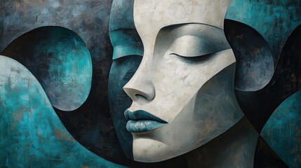 Abstract portrait of a serene woman with flowing shapes and colors.