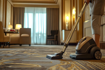 In a luxury hotel, a young woman vacuums carpets in a luxurious room, demonstrating cleanliness and hospitality