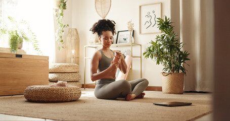 Sticker - Woman, yoga and water bottle on floor in home with smile, break and rest with hydration in morning. Girl, person and happy with container, drink and ready for pilates class on carpet at apartment