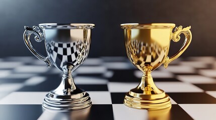 3D Render of a Tournament Cup, Shiny Gold Trophy with Elegant Curved Handles and Solid Base, Perfect for Championship Awards and Sporting Competitions.