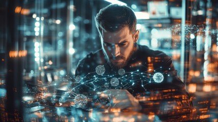 Wall Mural - a focused individual analyzes data amidst a futuristic digital overlay.
