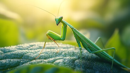 Wall Mural - A green praying mantis perched on a leaf, basking in the warm morning sunlight.