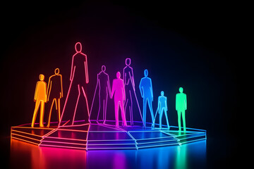 Wall Mural - Neon silhouette of diverse people on futuristic business graph representing teamwork isolated on black background.