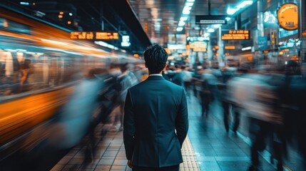 Wall Mural - A man in a suit stands still amidst a bustling train station, capturing urban life.