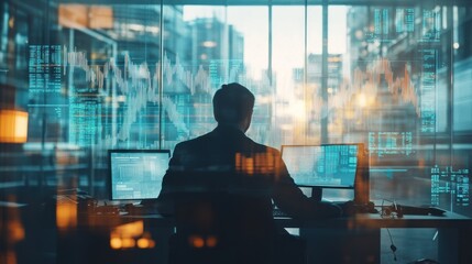 A professional viewing data on multiple screens in a modern office setting.