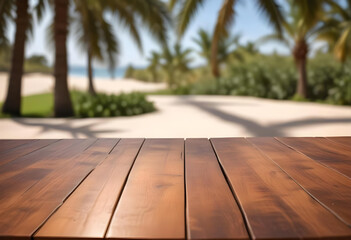 wooden table on a Tropical beach, ocean, sea, with trees, table, podium. for mock up	
