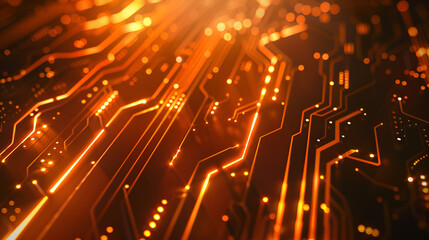 Futuristic glowing orange circuitry with vibrant digital lines showcasing high-tech network connectivity and data flow in advanced electronic systems