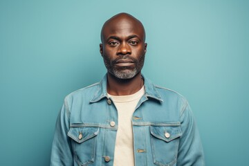 Wall Mural - Portrait of a content afro-american man in his 40s sporting a rugged denim jacket isolated in pastel teal background