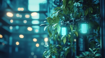 Wall Mural - A futuristic scene featuring glowing lights amidst lush greenery in an urban setting.