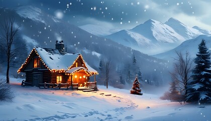 Charming snowy winter scene featuring a cozy cabin illuminated by festive Christmas lights