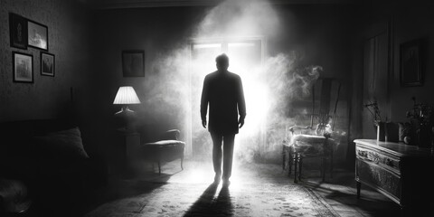 Poster - A man walks through a room of dust and light.