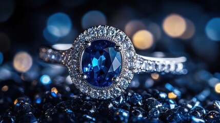 Canvas Print - A stunning blue sapphire ring surrounded by dark gemstones, showcasing elegance and luxury.