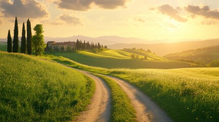 Wall Mural - Serene Tuscany: Rolling Hills and Cypress Trees at Golden Hour