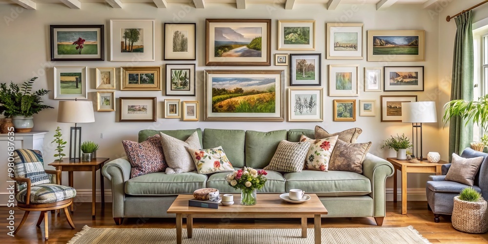 Gallery wall, home decor and wall art over sofa, framed art in modern ...
