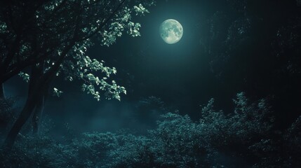 Canvas Print - A serene night scene featuring a full moon illuminating a dark forest.