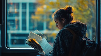 Poster - A young woman reading a book by a window, surrounded by autumn scenery.