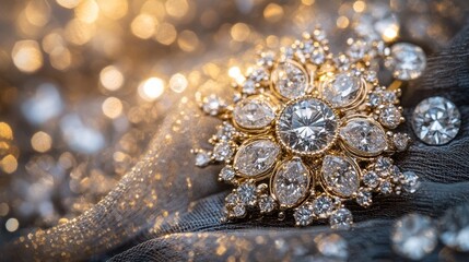 A close-up of an ornate brooch adorned with sparkling diamonds on a textured fabric background.