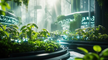 Canvas Print - A futuristic greenhouse with vibrant plants and glowing technology.