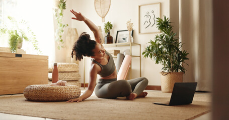 Wall Mural - Woman, yoga and stretching by laptop on floor in home, health or warm up arms for online course in morning. Girl, person and happy with computer, pilates or ready for virtual class on carpet in house