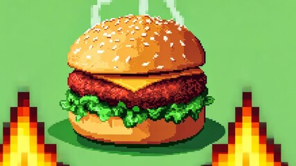 Wall Mural - A cartoon image of a hamburger with lettuce and cheese. The burger is sitting on a green background Pixel art.