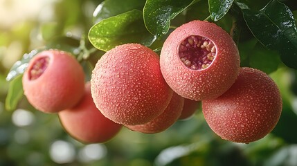 closeup of pink fruits on a branch with dew drops.