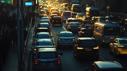 Poster - Busy urban street during rush hour with heavy traffic and pedestrians.