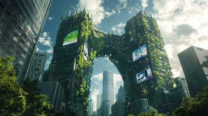 Canvas Print - A futuristic cityscape with lush greenery and digital screens integrated into architecture.