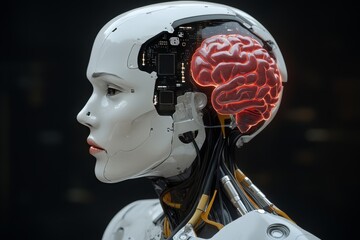 Poster - Female android with mechanical components and human like brain symbolizing the fusion of human cognition and robotic intelligence in a futuristic technological landscape