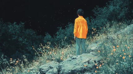 Person in an orange jacket stands on a rocky path surrounded by flowers and trees, gazing into a starry sky