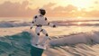 © AnyPic289 - A futuristic robot surfing on a wave during sunset, showcasing advanced technology and AI capabilities in an outdoor adventure setting.