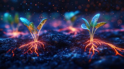 Canvas Print - A vibrant scene of seedlings emerging from soil with glowing roots, symbolizing growth and life.