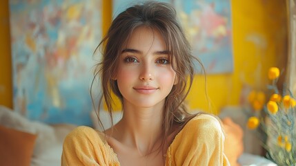 Sticker - Young woman with long hair is smiling in a brightly lit room with colorful paintings and yellow walls