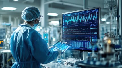 A healthcare professional analyzes patient data on a digital screen in a medical facility.