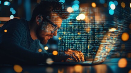 Sticker - A focused individual working on a laptop, surrounded by digital data and glowing lights.