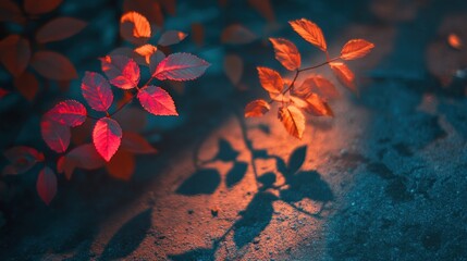 Wall Mural - A close-up of vibrant red and green leaves casting shadows on a textured surface.