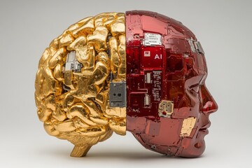 Poster - Abstract human head with circuit board elements symbolizing the convergence of biology and technology through digital brain interfaces and futuristic neural systems